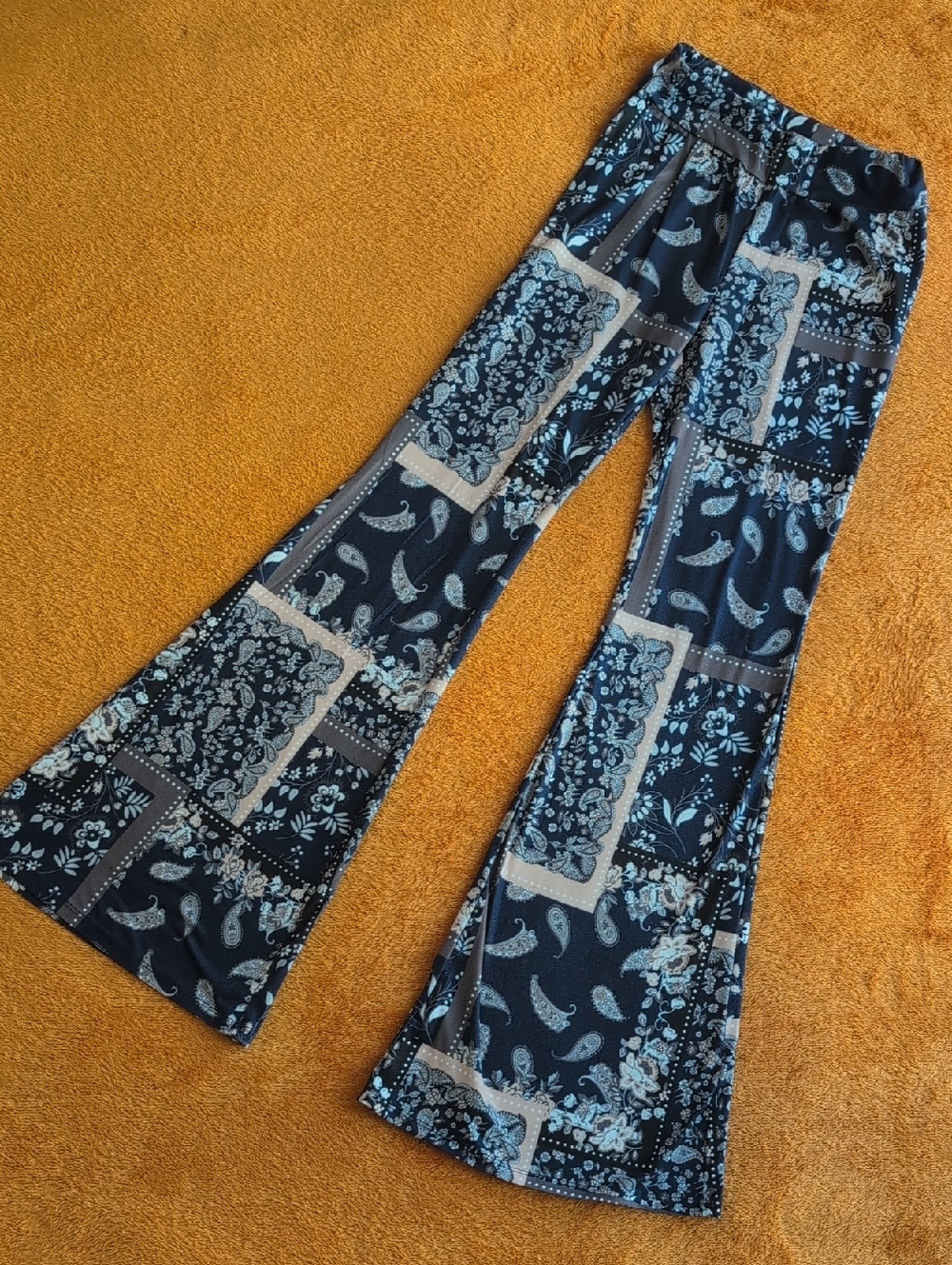SHEIN Navy Blue Paisley Patchwork Flare Jeans